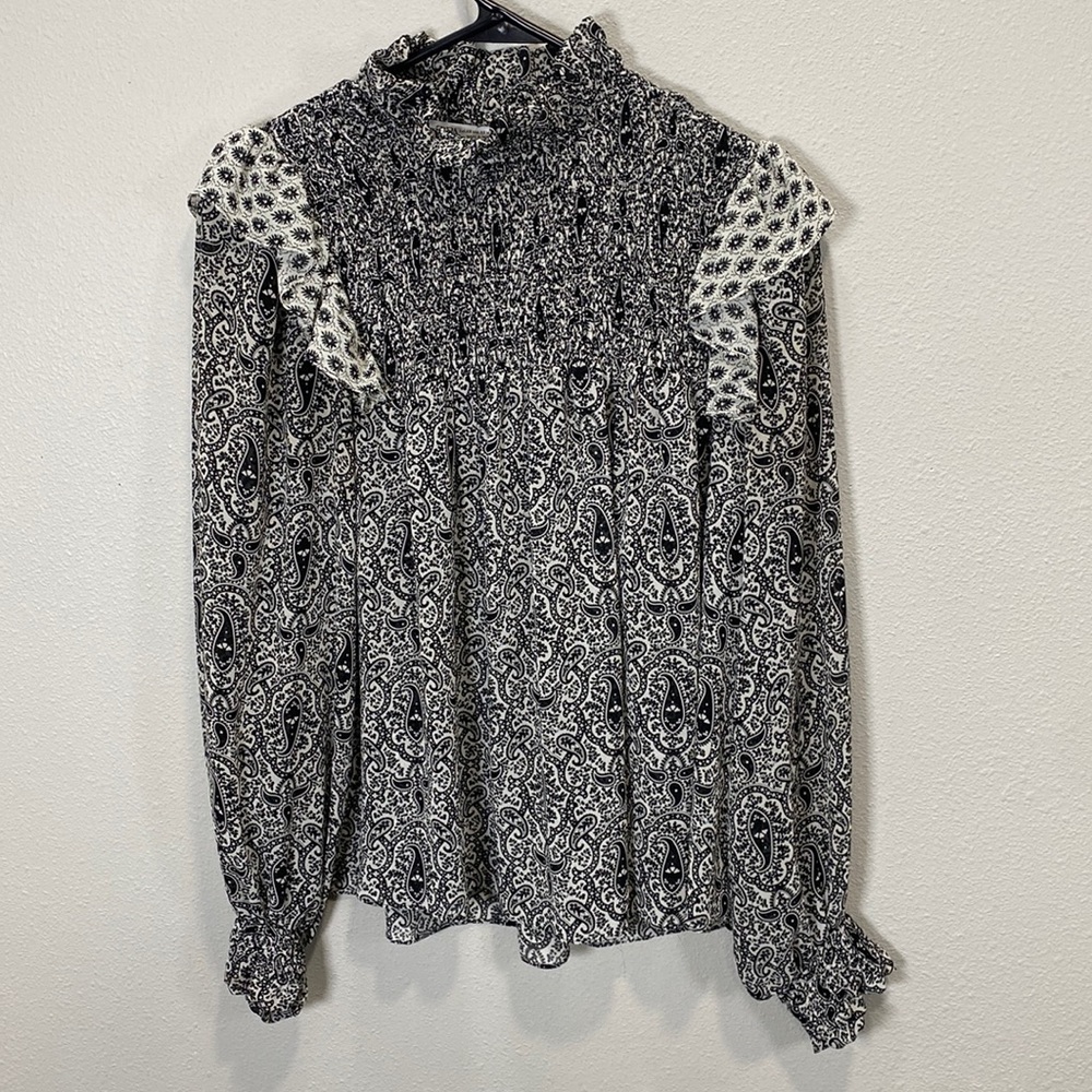 Zara blouse black white paisley smocked long sleeve
